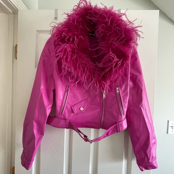 Luxe Living Pink Feather Moto Jacket - Size Large - Picture 5 of 7